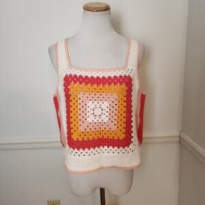 DKNY Tank Top Size Medium Womens Crop Faux Crochet Open Knit Cottagecore Boho